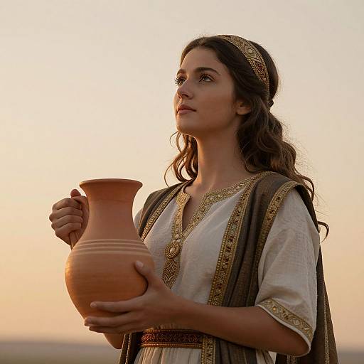 Photograph of a young woman with long brown hair, wearing a white toga with gold trim and headband, holding a terracotta vase,