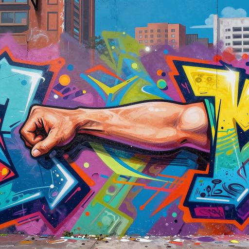 Vibrant urban graffiti mural featuring a muscular, tan-skinned arm with a clenched fist, surrounded by colorful geometric shapes and bold text against a