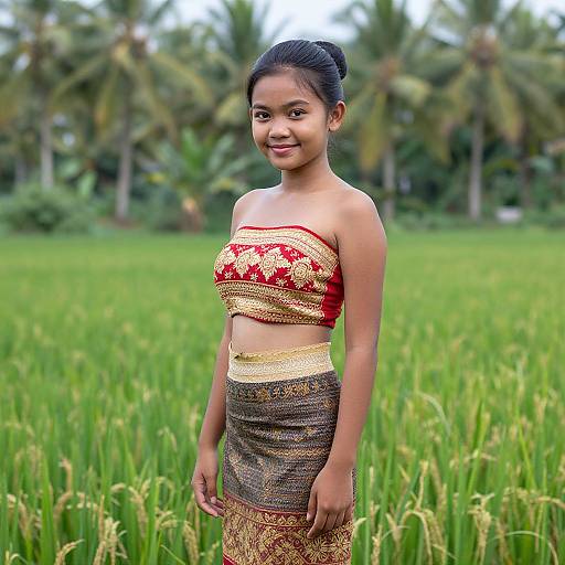 Photograph of a young South Asian girl with dark hair in an updo, wearing a red and gold embroidered strapless top and patterned skirt,