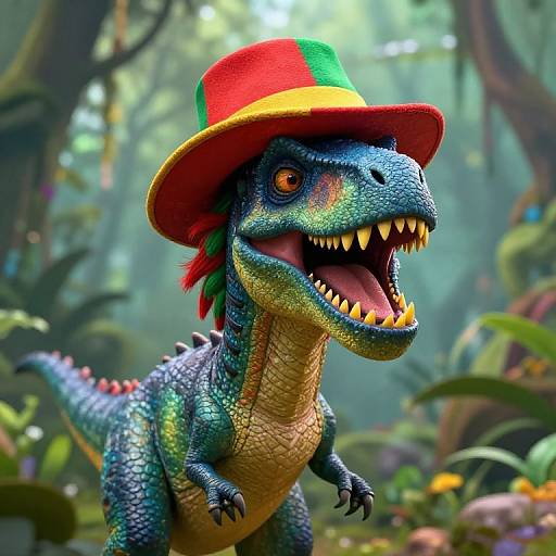 Digital artwork of a vibrant, blue-green, textured dinosaur wearing a red, green, and yellow hat, roaring in a lush, misty jungle.