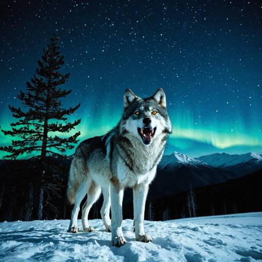 Majestic Wolf Under Starry Aurora Sky
