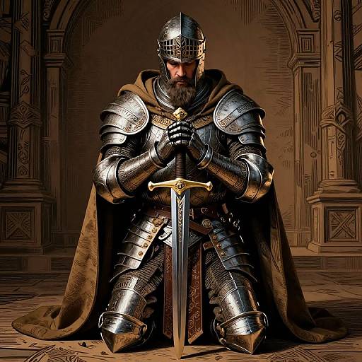 Medieval knight in shiny silver armor, with full beard, kneeling, holding sword, in dimly lit, ornate stone hallway. Digital artwork.