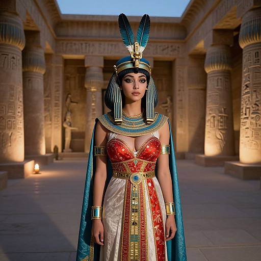 Photorealistic CGI of an Egyptian queen with dark skin, blue headdress, red and white dress, gold jewelry, standing in a temple.