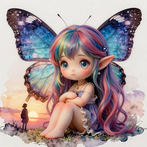 Digital anime-style illustration of a cute fairy girl with large, starry blue butterfly wings, multicolored hair, and big blue eyes, sitting on