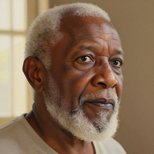 Photograph of an elderly Black man with short, curly white hair and beard, wearing a white shirt, looking thoughtfully to the side in soft,