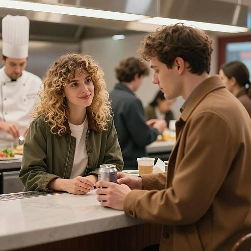 Two People Chatting at Diner Counter