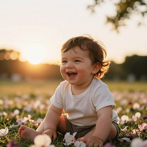 Smiling Toddler Sitting in Flower Field at Sunset