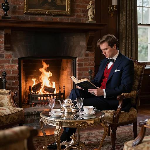 Elegant Man Reading by the Fireplace