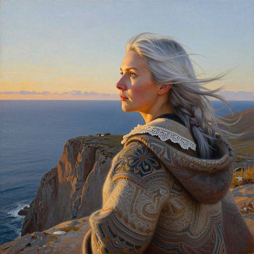 Photograph of a blonde woman with flowing hair, wearing a patterned, hooded sweater, standing on a cliff at sunset, overlooking a vast,