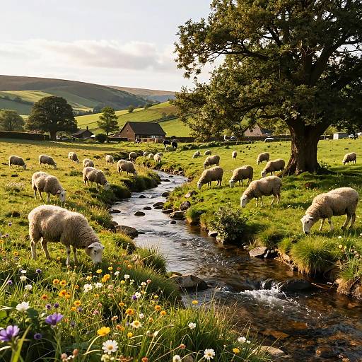 Serene Pasture with Sheep and Stream