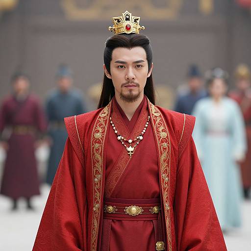 Photograph of an Asian man with long black hair and beard, wearing a red royal robe with gold embroidery, a crown, and pearl necklace, standing