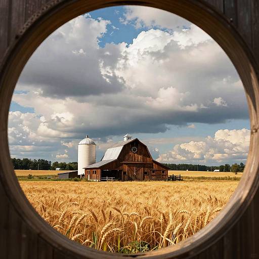 Golden Rural Scene Through Circular Frame