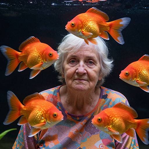 Photograph of an elderly woman with white hair, wearing a colorful patterned shirt, surrounded by six vibrant orange goldfish underwater.