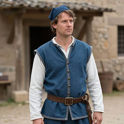 Photograph of a fair-skinned, brown-haired man in medieval attire: blue sleeveless tunic, white shirt, brown belt, blue cap,
