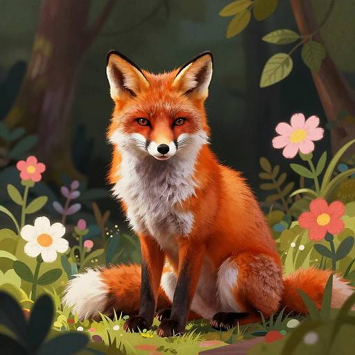 Digital illustration of a vibrant red fox with white underbelly, sitting in a colorful forest meadow with pink, white, and red flowers.