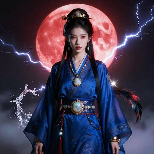 Woman in Blue Robe with Red Moon and Lightning