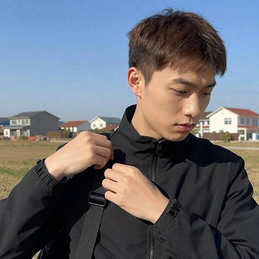 Focused Asian Man in Sunny Outdoors