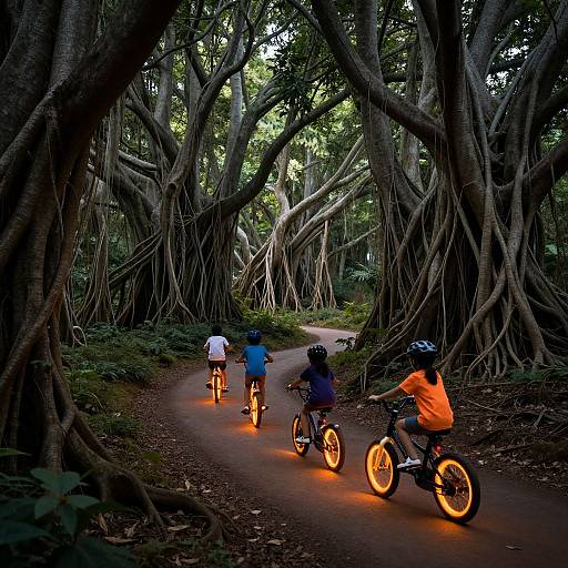 Photograph of four children biking on a forest path with glowing orange lights, surrounded by towering, tangled tree roots.