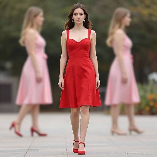 Photograph of a confident brunette woman in a vibrant red dress and red heels, walking on a stone path with two blurred women in pink dresses in the
