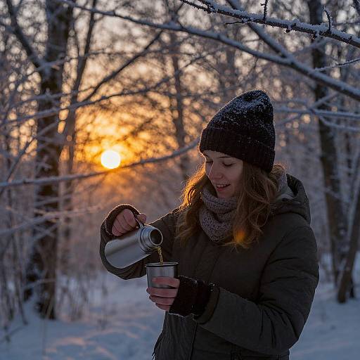 Photograph of a smiling woman with wavy brown hair, wearing a black beanie, coat, and scarf, pouring hot tea into a mug in