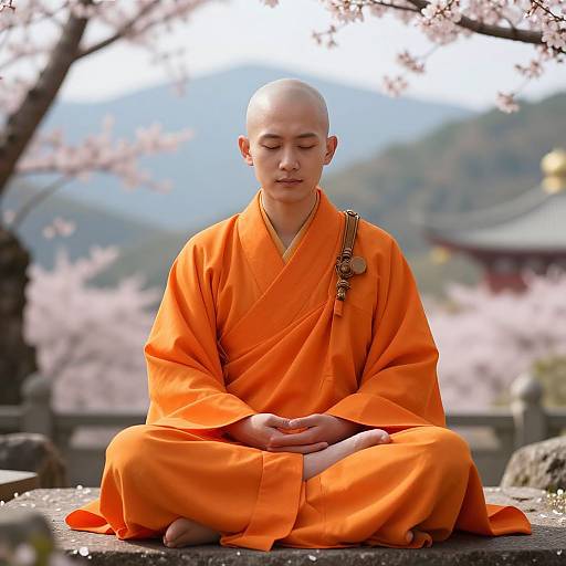 Photograph of a bald, Asian male Buddhist monk in an orange robe, meditating cross-legged outdoors with cherry blossoms and a traditional temple in the