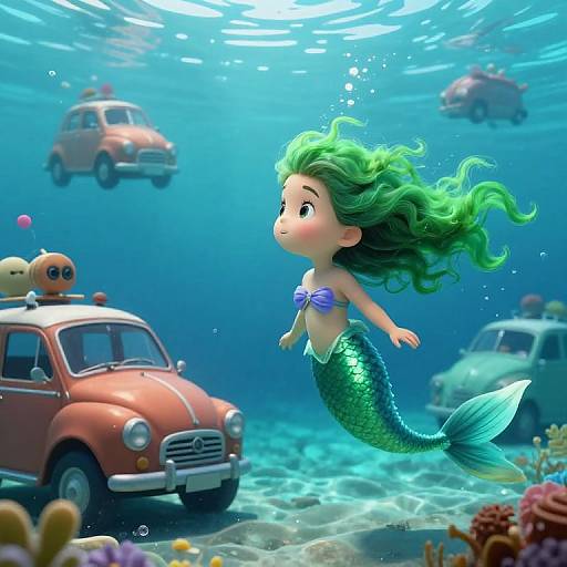 Digital illustration of a cute green mermaid with flowing hair, wearing a purple seashell bikini, swimming among underwater vintage cars and fish.