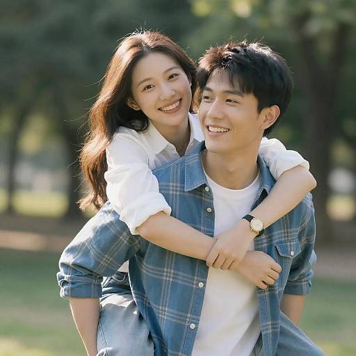Smiling Couple Embrace in Sunny Park