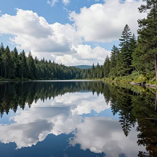 Photograph of a serene lake reflecting a clear blue sky with fluffy white clouds, surrounded by dense evergreen trees.