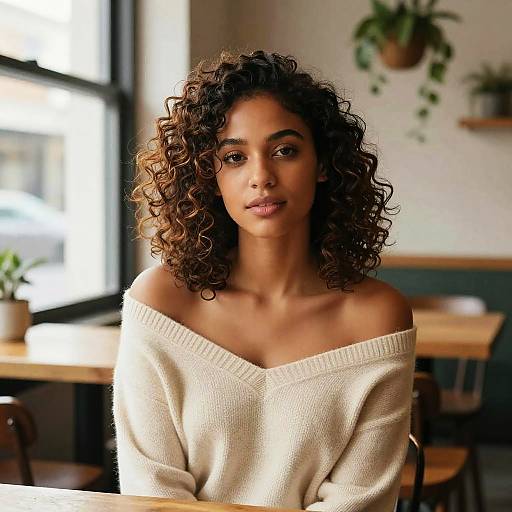 Photograph of a young woman with curly brown hair, medium brown skin, wearing an off-shoulder white sweater, sitting in a sunlit café