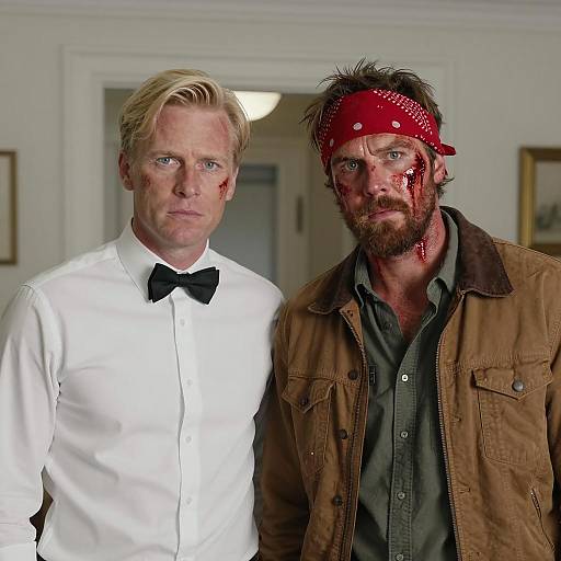 Two Bloodied Men Indoors with Serious Expressions