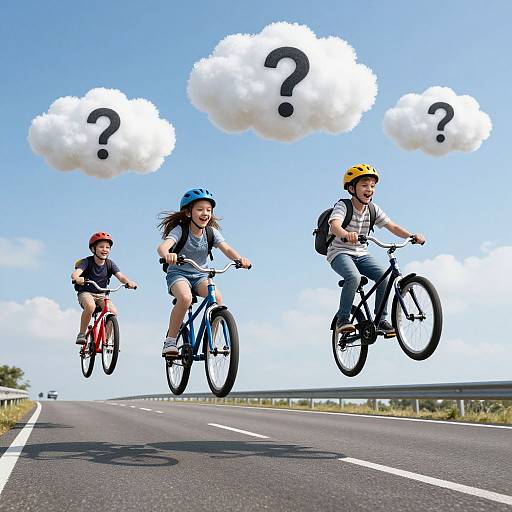 Photograph of three children riding bicycles on a road with questioning cloud icons above them, wearing helmets and backpacks, under a clear blue sky.