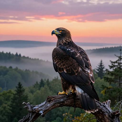 Regal Eagle at Dawn Over Misty Forest
