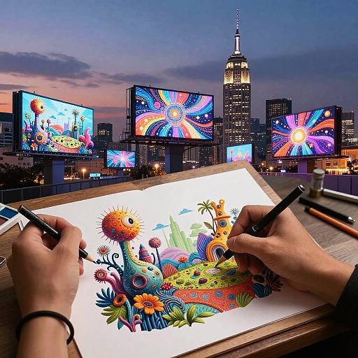 Artist's hands draw vibrant, colorful floral illustration on paper at twilight, with city skyline and large digital screens displaying similar art in background. Photorealistic