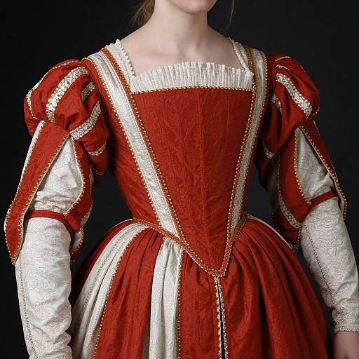 Photograph of a young woman wearing a detailed, red Renaissance-style dress with white lace trim, puffed sleeves, and gold embroidery.