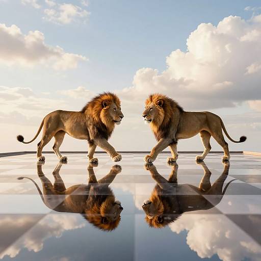 Photorealistic CGI of two majestic lions with reflective, glossy fur walking on a shiny, reflective surface against a bright, cloudy sky.