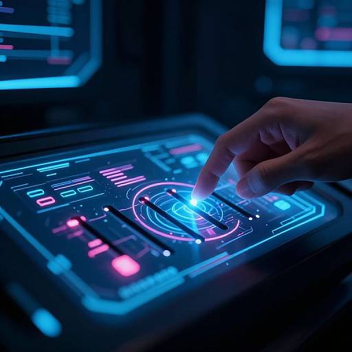 Photograph of a hand pointing at a glowing, neon-lit control panel with blue and pink holographic interfaces in a dark, futuristic setting.