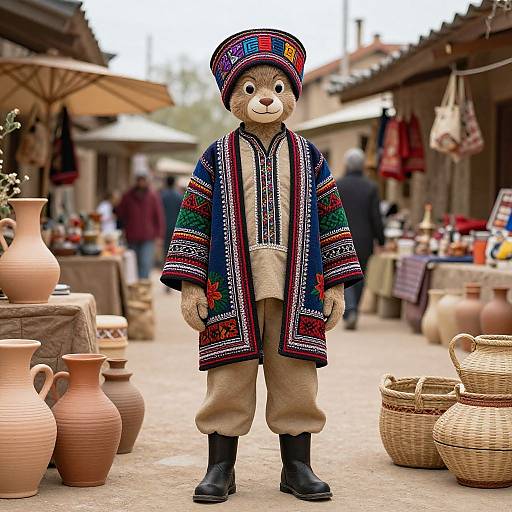 Photograph of a stuffed bear in traditional ethnic attire, standing in a market with pottery, baskets, and blurred vendors.