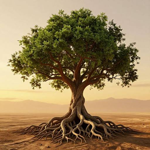 Photorealistic digital artwork of a large, leafy tree with sprawling, exposed roots standing alone in a vast, desert-like landscape at sunset.