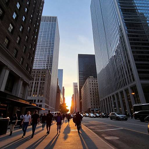 Photograph of a bustling city street at sunset, with tall skyscrapers casting long shadows, pedestrians walking, and the sun glowing brightly between buildings.