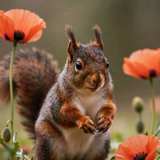 Hyperrealistic Baby Squirrel in Poppies