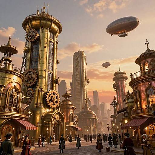 Steampunk Cityscape at Sunset