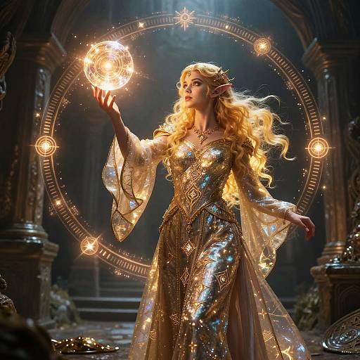 Digital fantasy artwork of a blonde, elven woman in a shimmering, gold and silver gown, conjuring a glowing orb in a mystical, circular