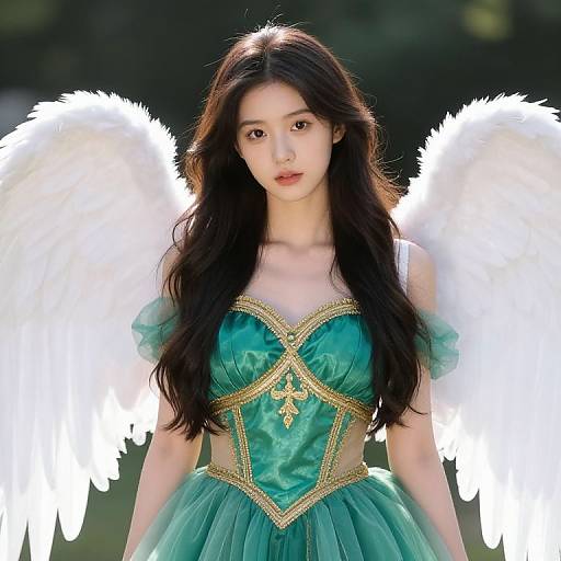 Angel Girl in Green Embroidered Dress