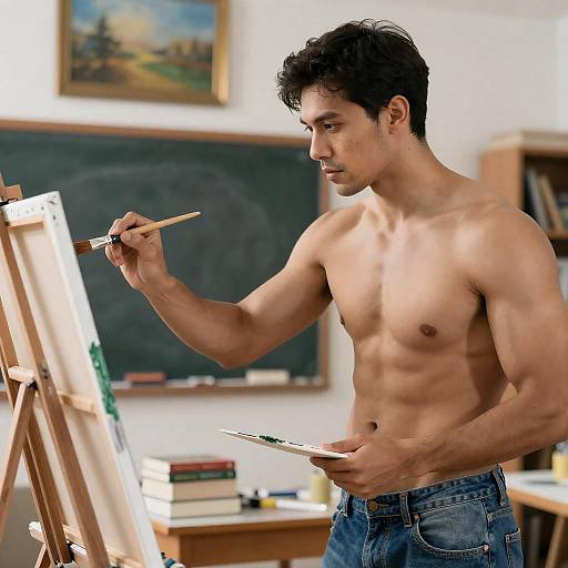 Shirtless Man Painting in Classroom