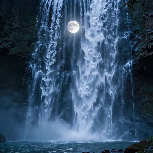 Photograph of a luminous waterfall at night, illuminated by a full moon, with cascading water creating a glowing, ethereal blue effect.
