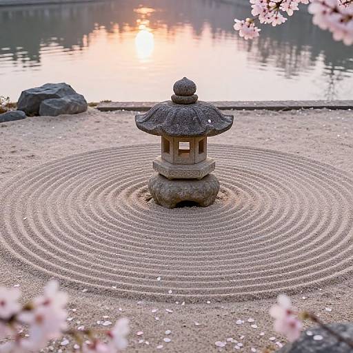 Photograph of a traditional Japanese stone lantern centered in meticulously raked sand, with cherry blossoms in the foreground and a serene lake reflecting the sunset in