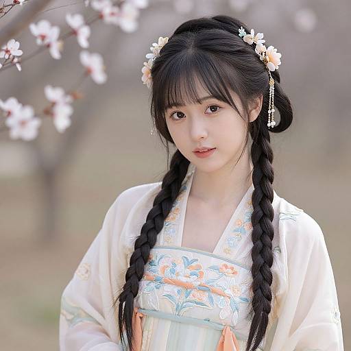 Photograph of an Asian woman with black braided hair, wearing a white floral kimono, adorned with hair flowers, against a blurred cherry blossom background