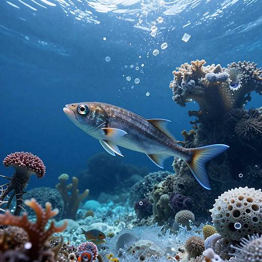 Photograph of a vibrant, silver-gray fish with yellow fins swimming among colorful, diverse coral reefs in a deep blue underwater scene. Bubbles rise to