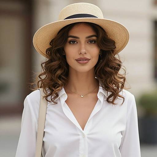 Photograph of a woman with wavy brown hair, wearing a straw hat, white button-up shirt, gold necklace, and beige strap, standing outdoors
