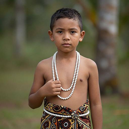Photograph of a young, shirtless boy with short black hair, wearing a white beaded necklace and patterned cloth, standing in a blurred,